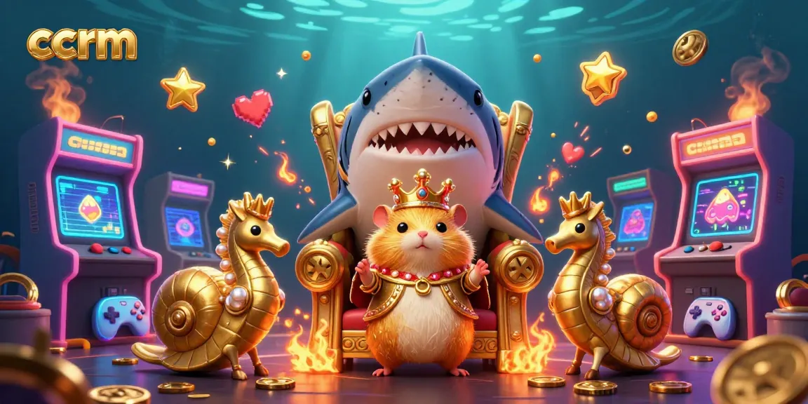 Experience the vibrant world of ccrm's credit card casinos with a dynamic underwater-themed illustration featuring a hamster king, arcade games, and rich casino elements.