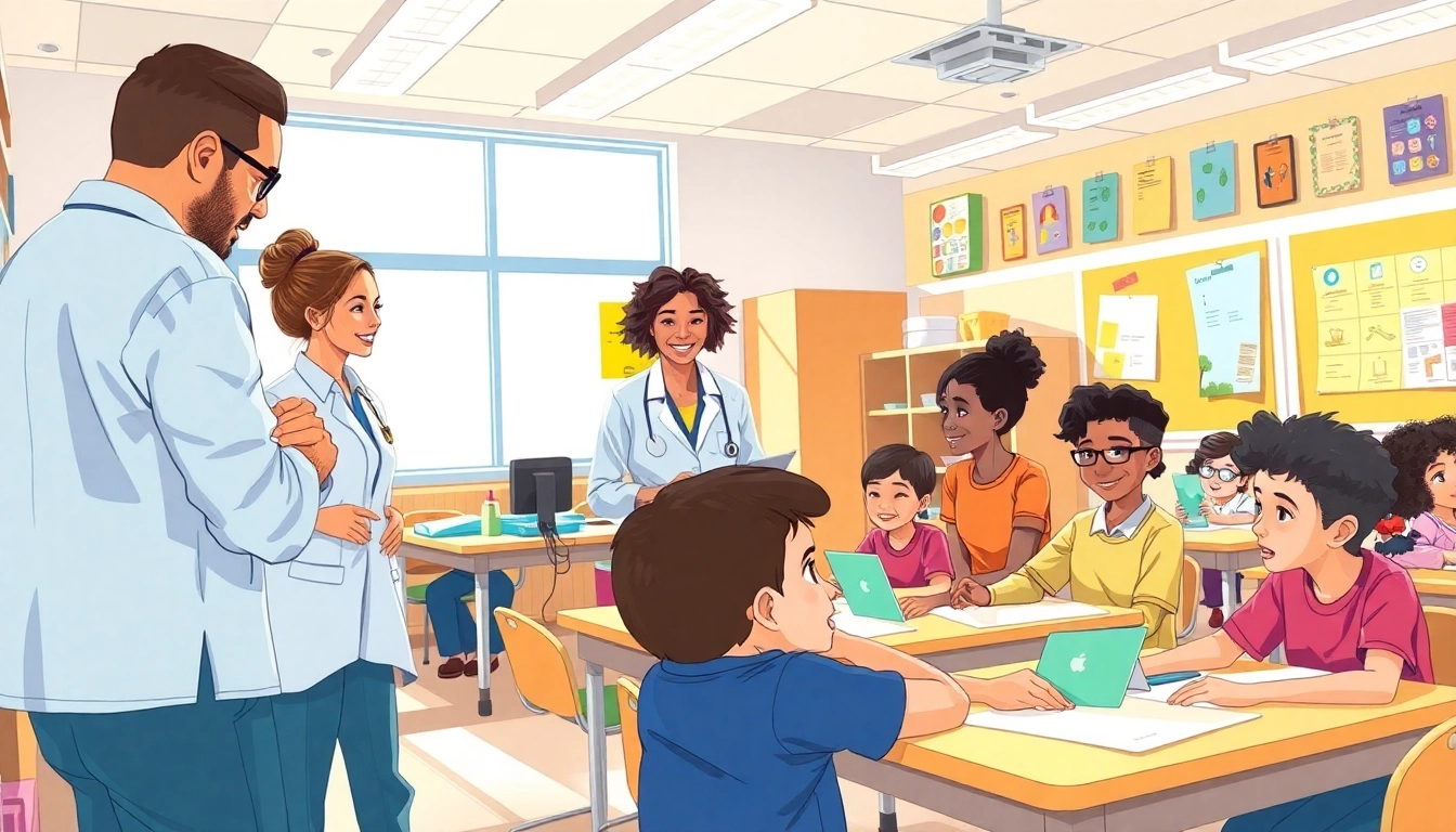 Empowering Education with teachers and students collaborating in an interactive classroom setting.