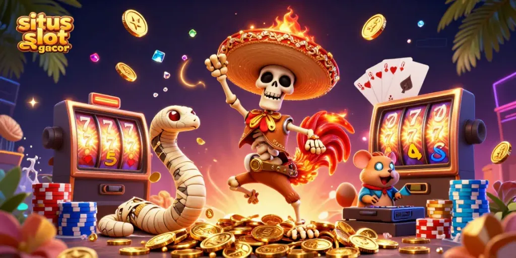 Menangi jackpot di situs slot gacor dengan ilustrasi kartun 3D penuh warna yang meriah.