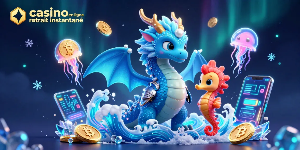 Visuel illustrant le casino en ligne retrait instantané avec un dragon d'eau majestueux et des éléments de jeu captivants.