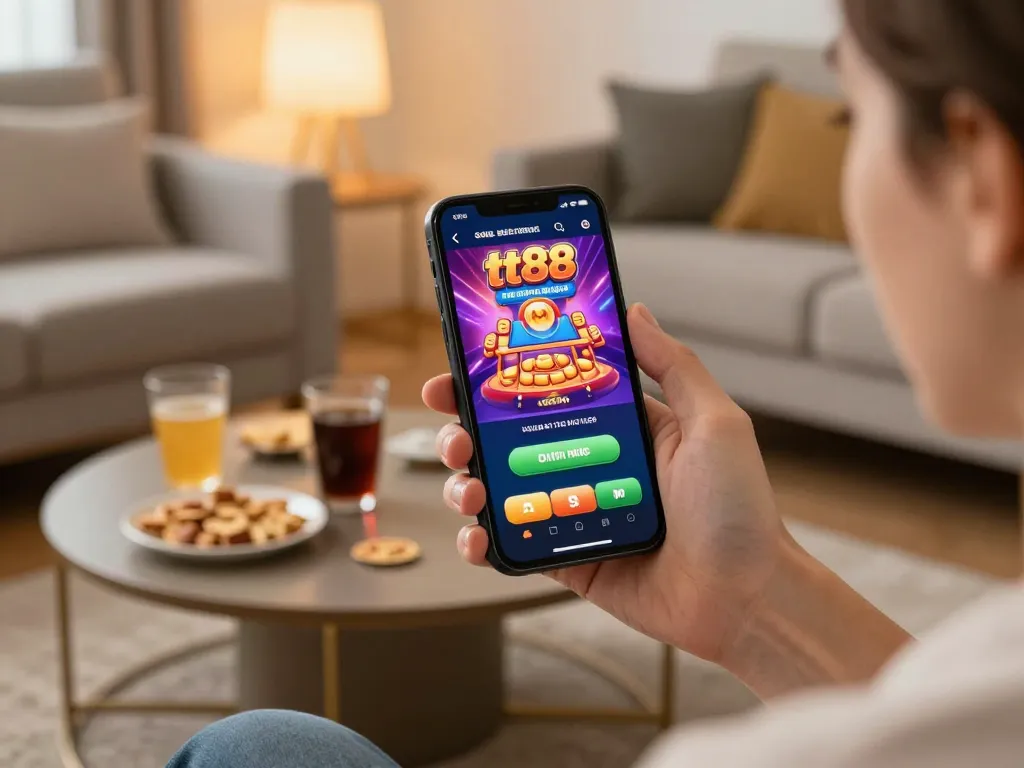 Engaged player using the tt88 app for betting in a cozy home atmosphere