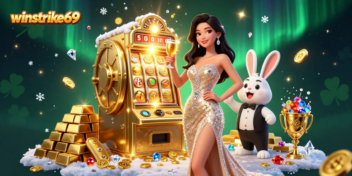 Experience the excitement of winstrike69 with a glamorous jackpot celebration and vibrant casino elements.