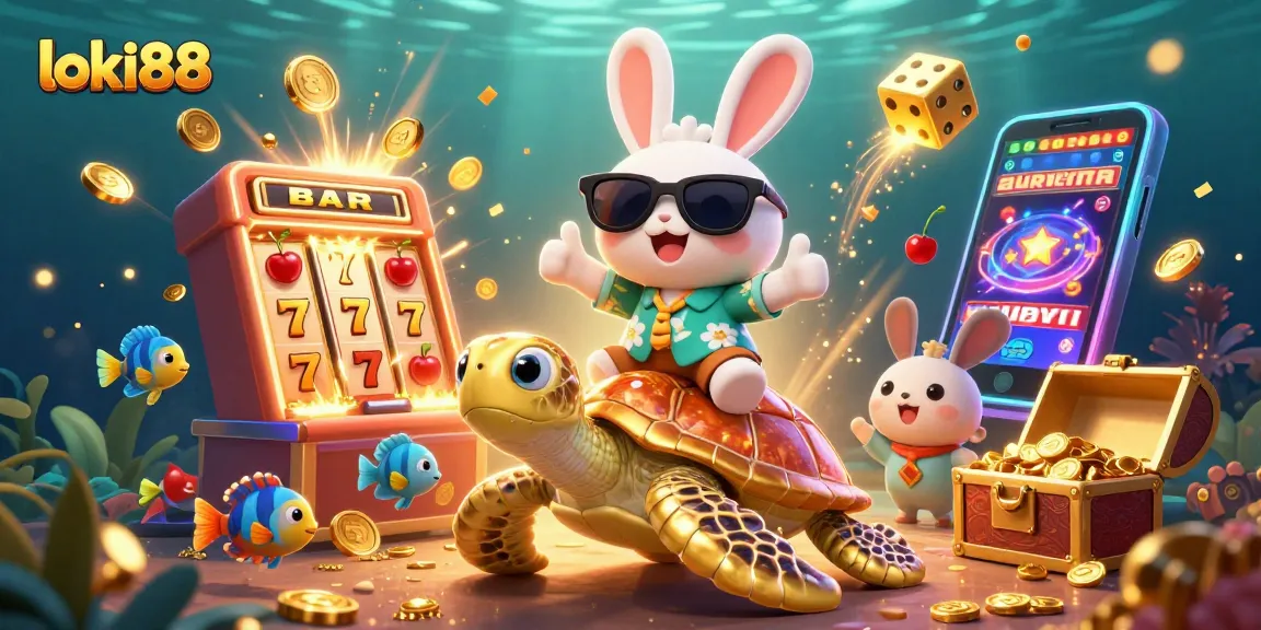 Experience fun with loki88's lucky rabbit and golden turtle amid a jackpot explosion!