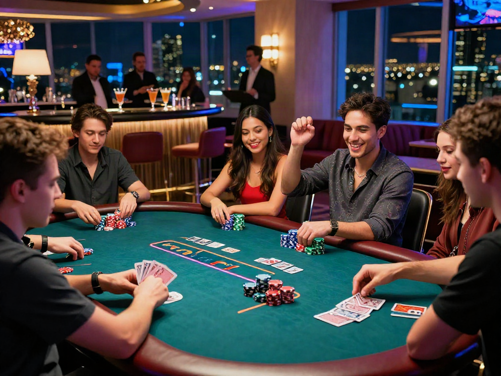 Situs casino vibrant gaming lounge with players at poker table celebrating wins amidst neon lights.