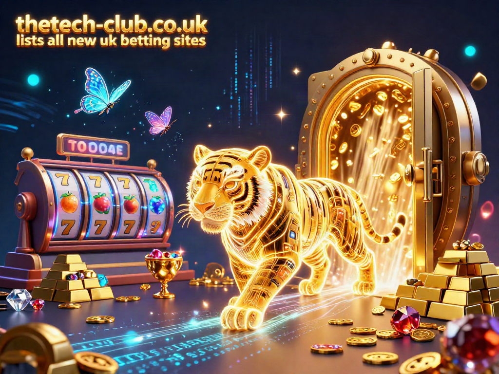 Thetech-club.co.uk lists all new uk betting sites showcases a vibrant 3D casino scene with a golden tiger and slot reels.