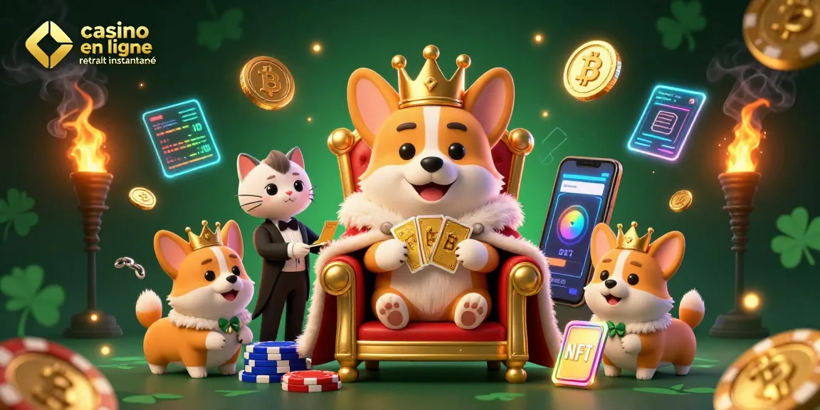 Profitez des jeux au casino en ligne retrait instantané avec cette illustration de corgi royal et éléments de jeu captivants.