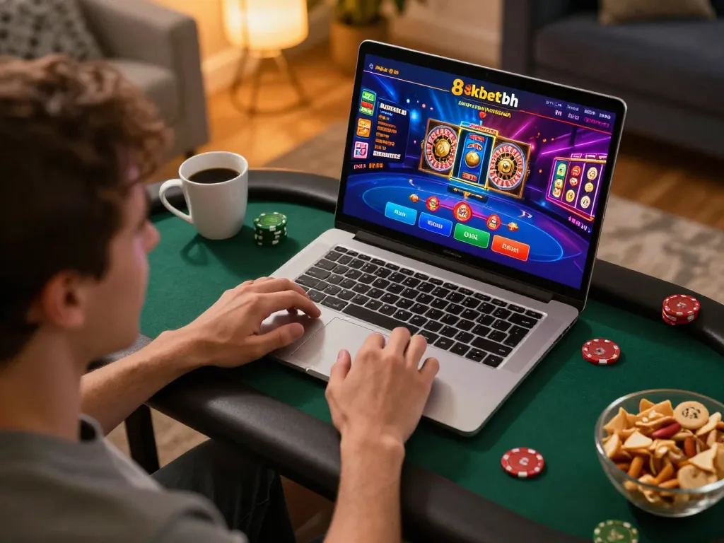 Engaging player using 8kbetbh on laptop at home, showcasing online casino excitement.