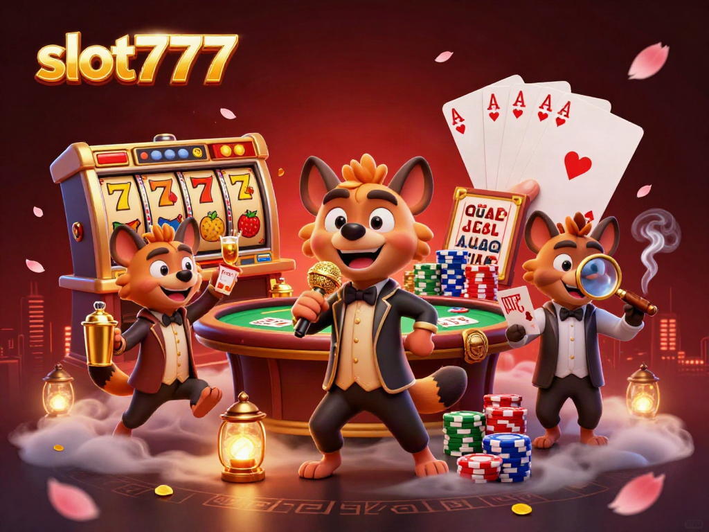 Slot777 menghadirkan hiburan kasino dengan tiga hyena beraksi di klub casino, menggambarkan keseruan bermain.