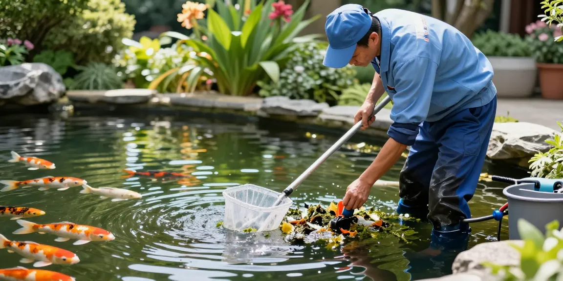Professional Pond Cleaning Essex service with technician cleaning a vibrant koi pond surrounded by lush plants.