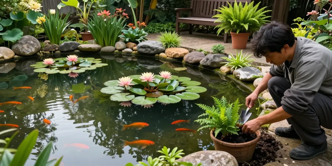Pond plants including water lilies and lotus flowers beautify a tranquil backyard pond with a gardener planting new flora.