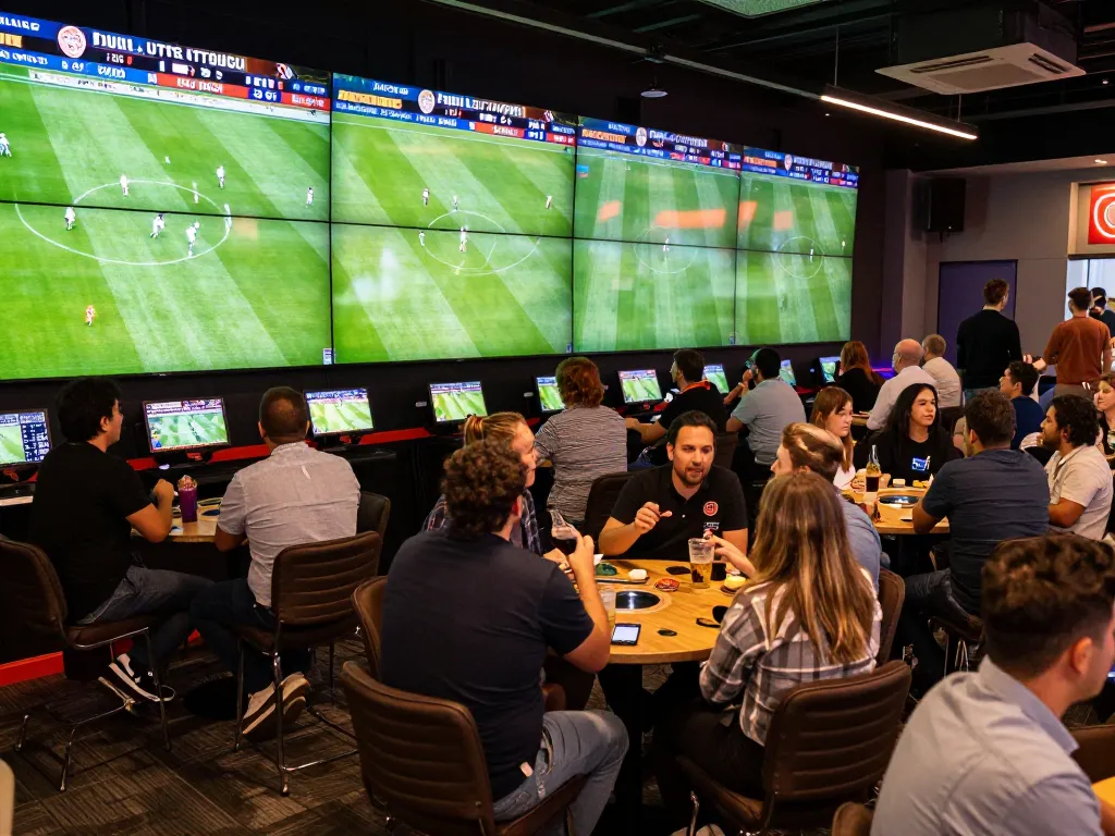 Cakhia fans engaging in sports betting at a lively venue with multiple screens.
