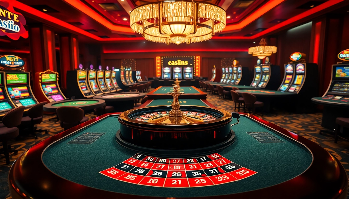 Menampilkan permainan kasino yang menarik di taiwannow.org/tw/about dengan meja roulette dan lampu berwarna-warni.