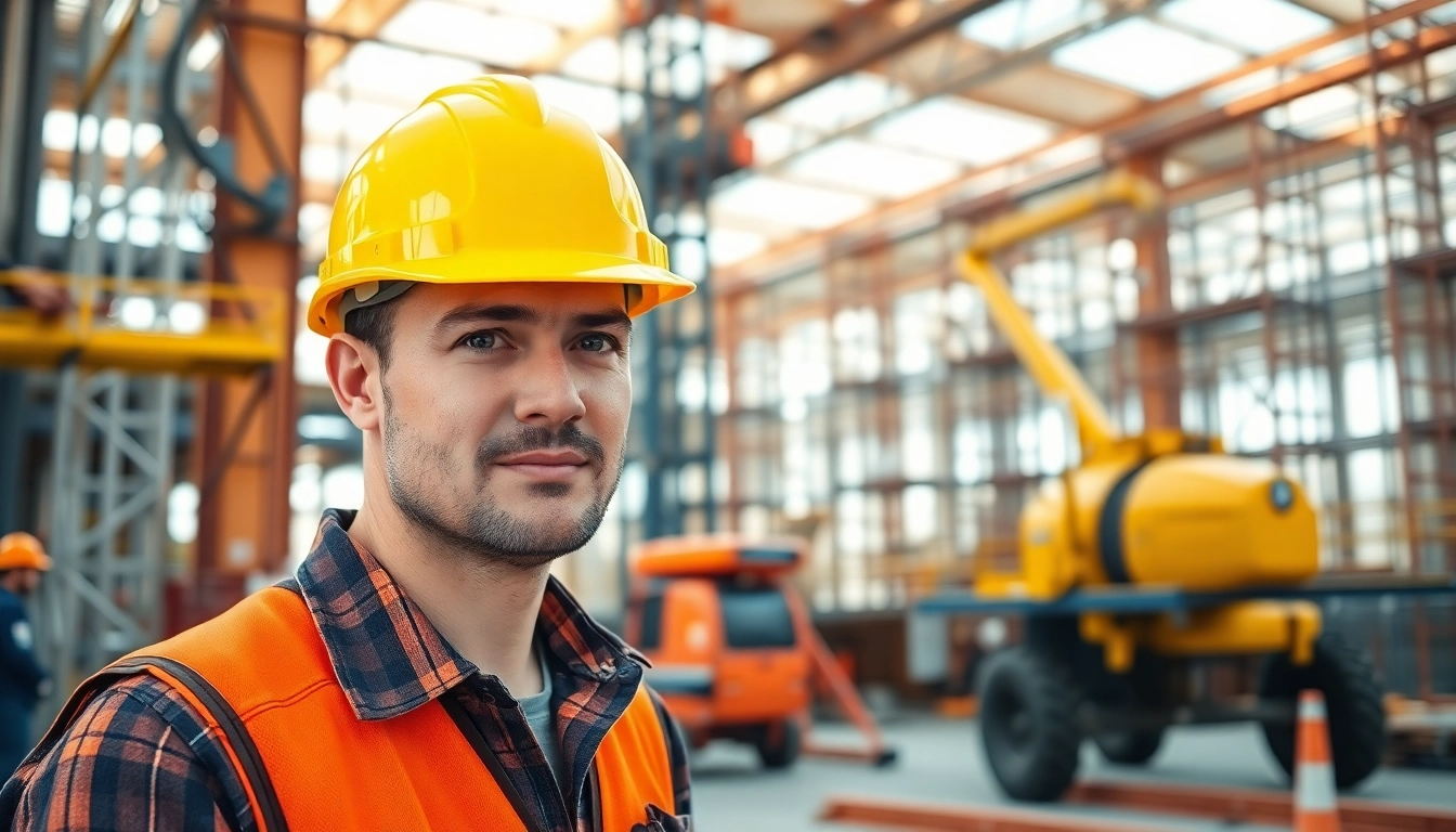 A construction workforce development professional at work, showcasing tools and an active job site.