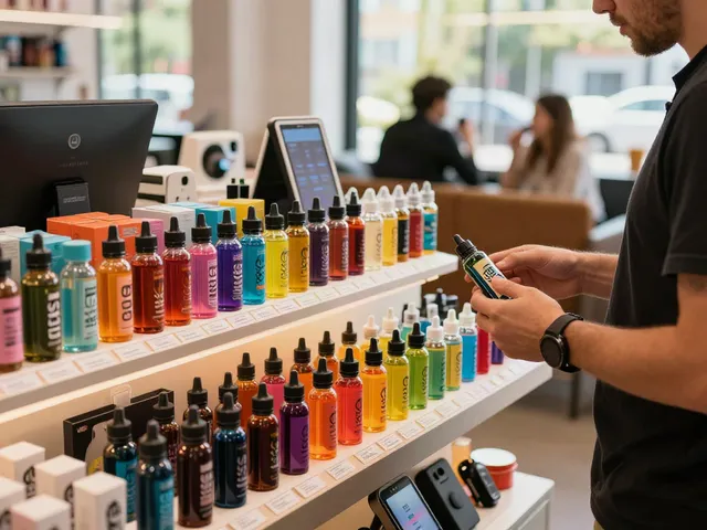 Browsing a colorful selection of 2x vape juice in an inviting vape shop atmosphere.