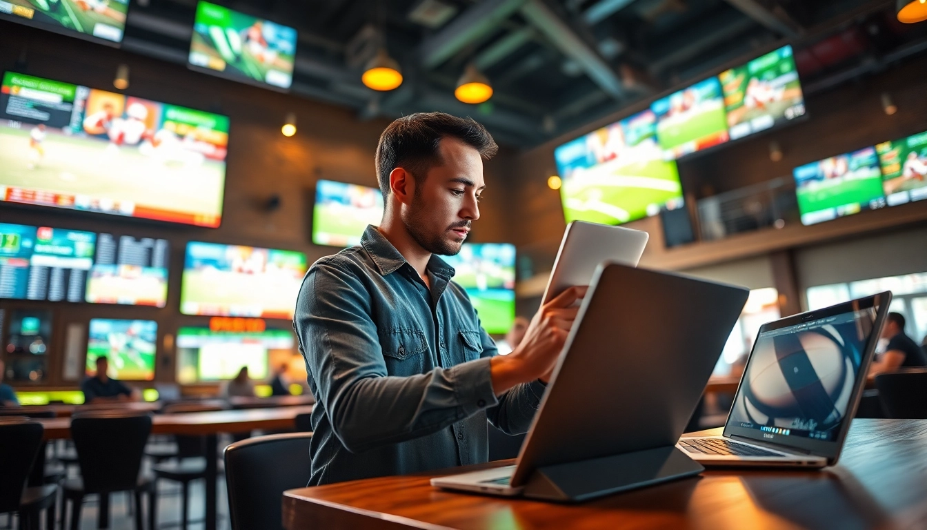 Engaged bettor reviewing sports betting sites Texas options in a lively sports bar atmosphere.