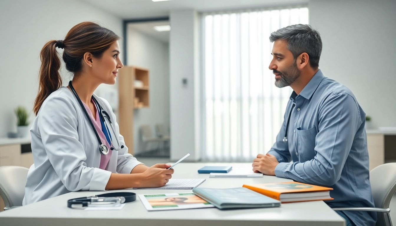 Engaging conversation about Health in a modern clinic with a healthcare professional.