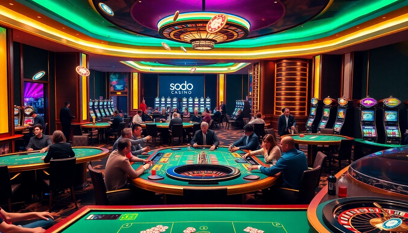 Players enjoying an exciting game at SODO Casino, with vibrant tables and glowing slot machines.
