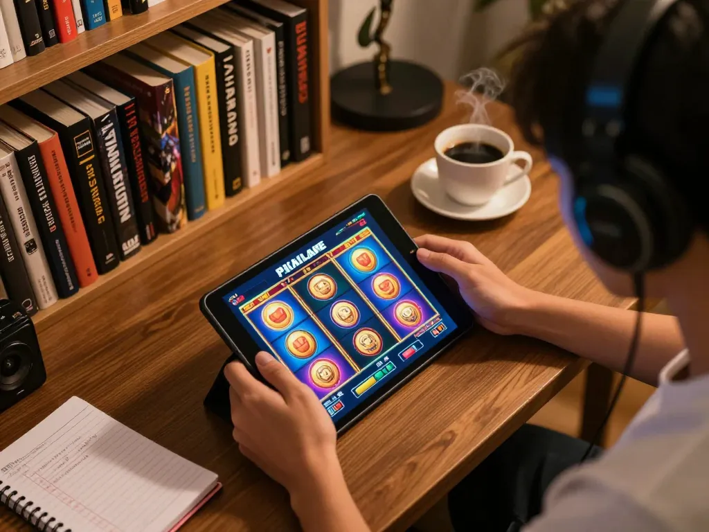 Memainkan slot thailand di PILARJEPE di tablet dalam suasana rumah yang nyaman, dikelilingi catatan strategi dan suasana hangat.