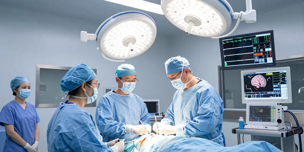 Beyin tümörü ameliyatı in progress showing neurosurgeons with advanced surgical tools and equipment in a sterile operating room.
