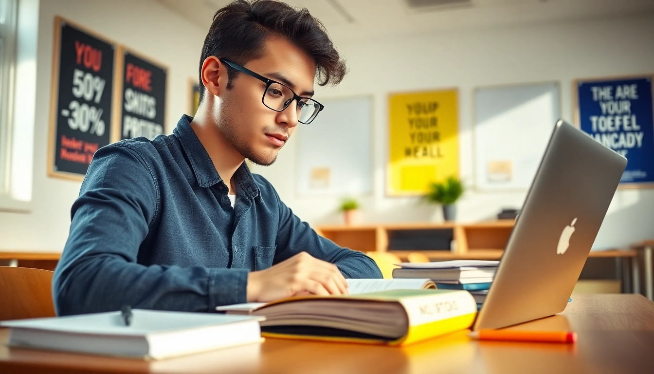 Image of a focused student preparing to pay someone to take toefl, studying in a bright classroom.