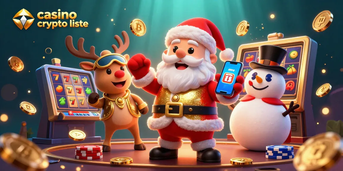 Explore la liste des casinos crypto enjoués avec Santa et ses amis dans une scène dynamique.
