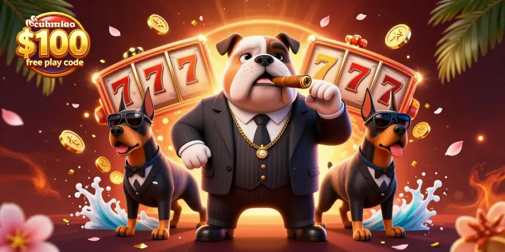 Win at Chumba Casino $100 free play code with a 3D mafia boss bulldog and bodyguard Dobermans in slot-themed action.