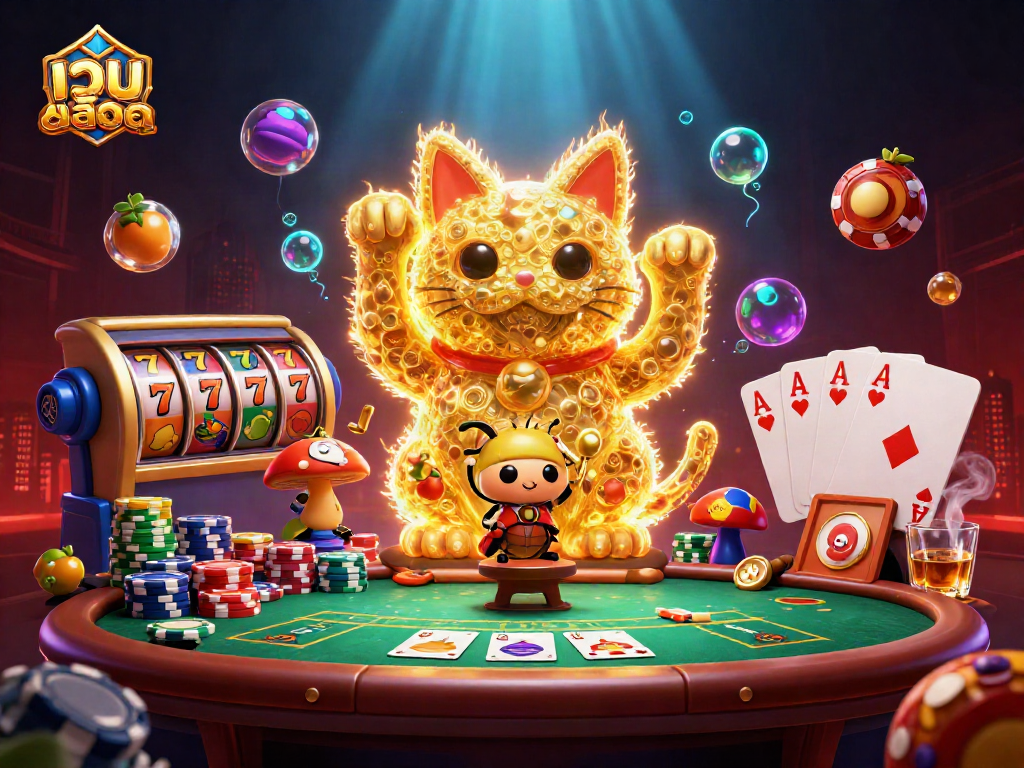 Experience the thrill of เว็บสล็อต with a vibrant casino scene featuring a giant lucky cat and dynamic symbols.