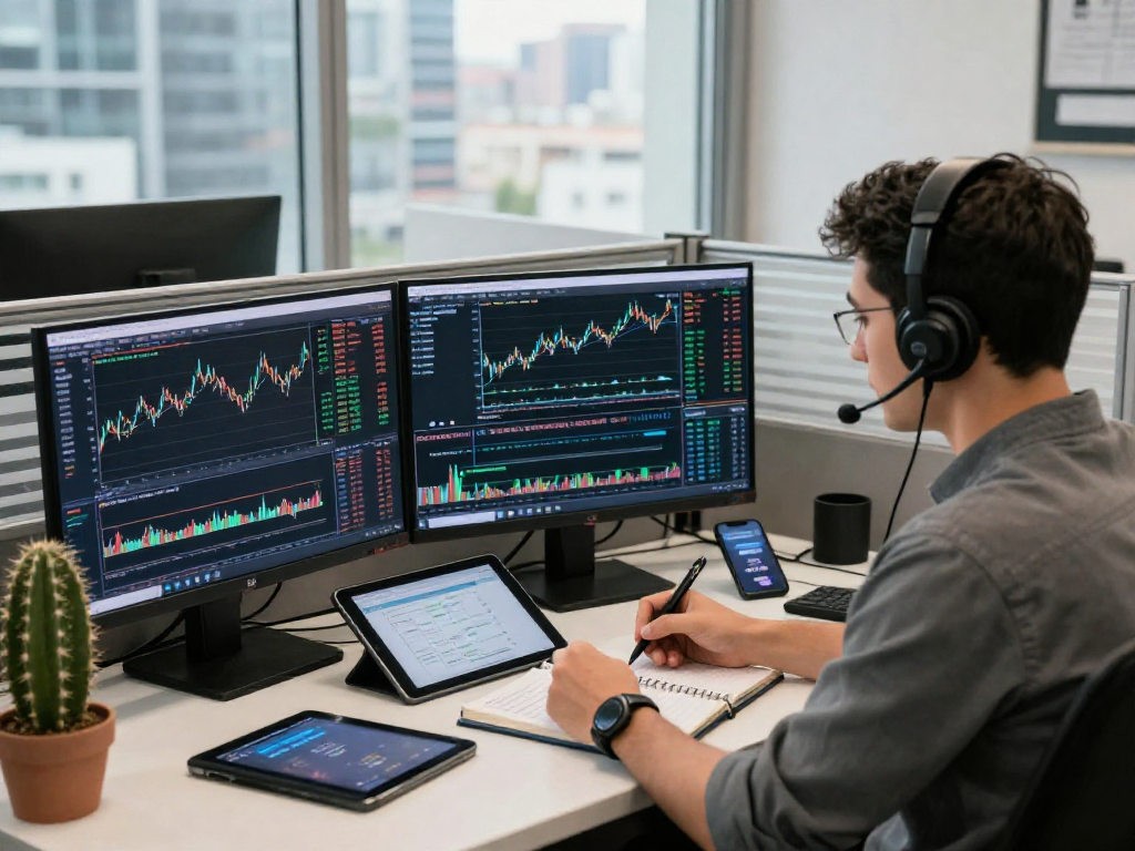 Trader analyzing financial charts on MetaTrader 5 in a modern office environment