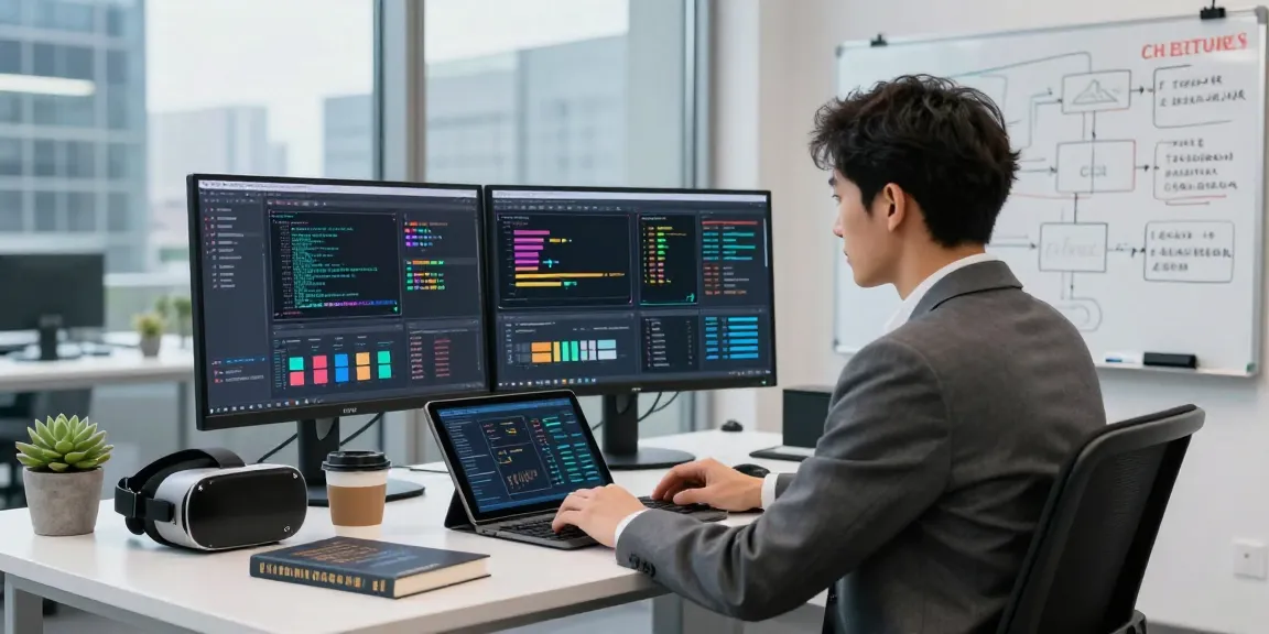 Detect AI image in a modern workspace with dual monitors showing content moderation tools and analytics.