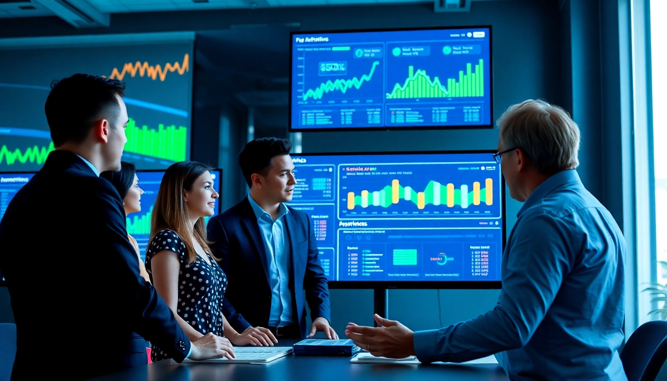 Analyzing SEO performance metrics by a digital marketing team in a modern workspace