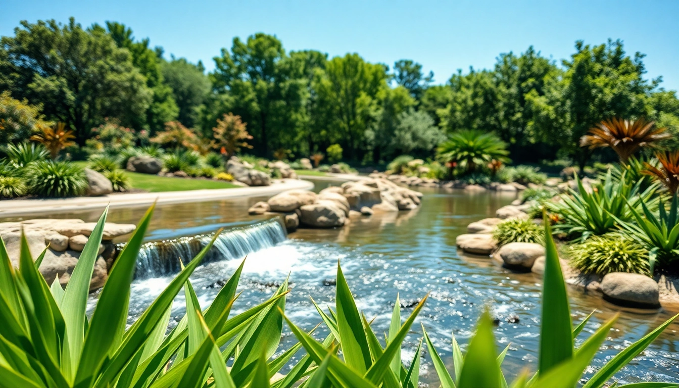 Landscape architect creating serene park design with lush greenery and flowing water features.
