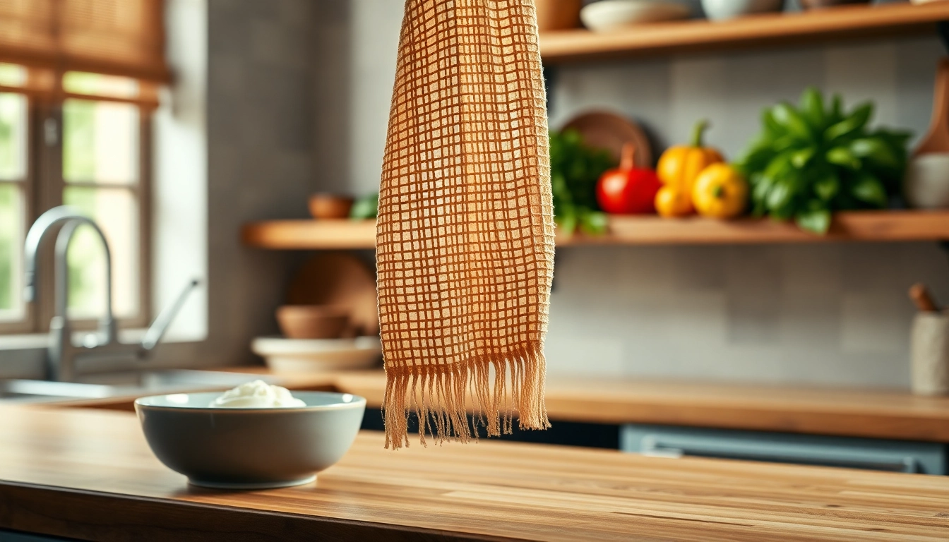 Een kaasdoek te zien die elegant hangt in een professionele keuken, omringd door vers bereide ingrediënten.