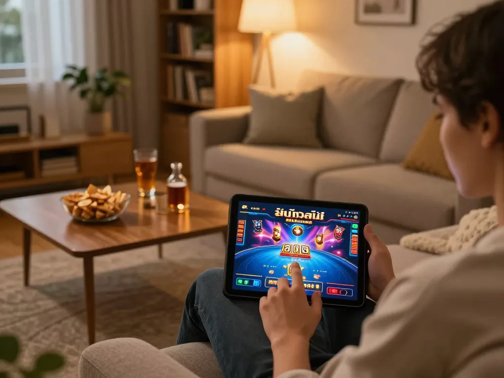 Engaging with สล็อตวอเลท on a tablet in a cozy home setting, highlighting modern online gaming comfort.