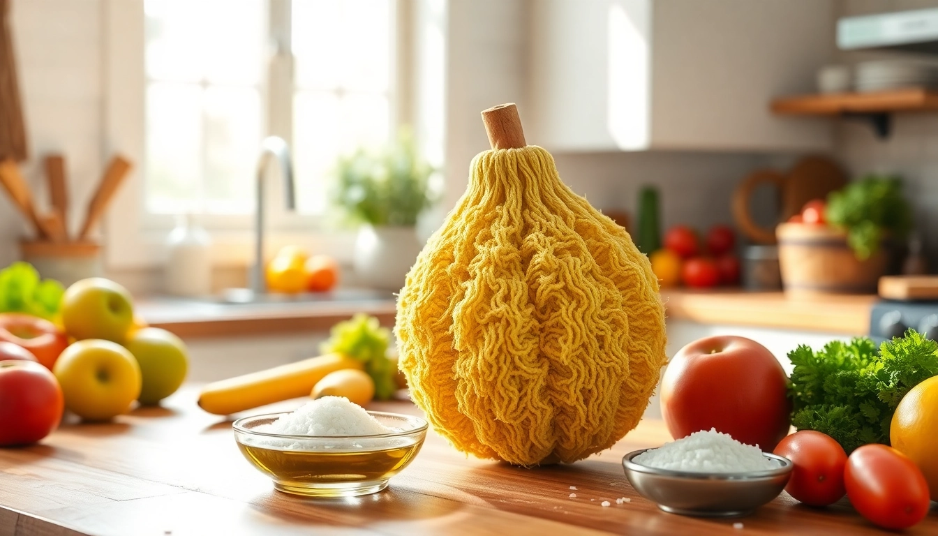 Natural kitchen loofah among fresh ingredients, showcasing its unique texture and culinary utility.