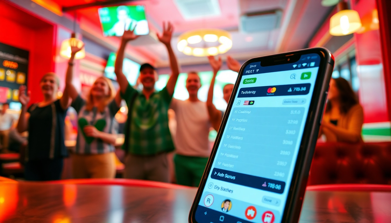 Engaging scene portraying sports betting sites India on a smartphone with cheering fans in a sports bar.