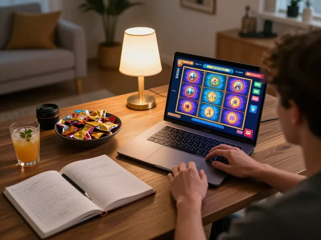 Playing สล็อต on a laptop in a cozy home setup with vibrant graphics and snacks nearby.