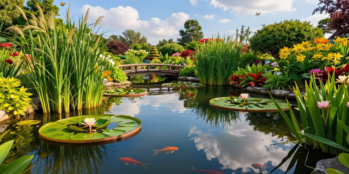 Pond Plants flourishing in a serene garden pond with water lilies and reeds.