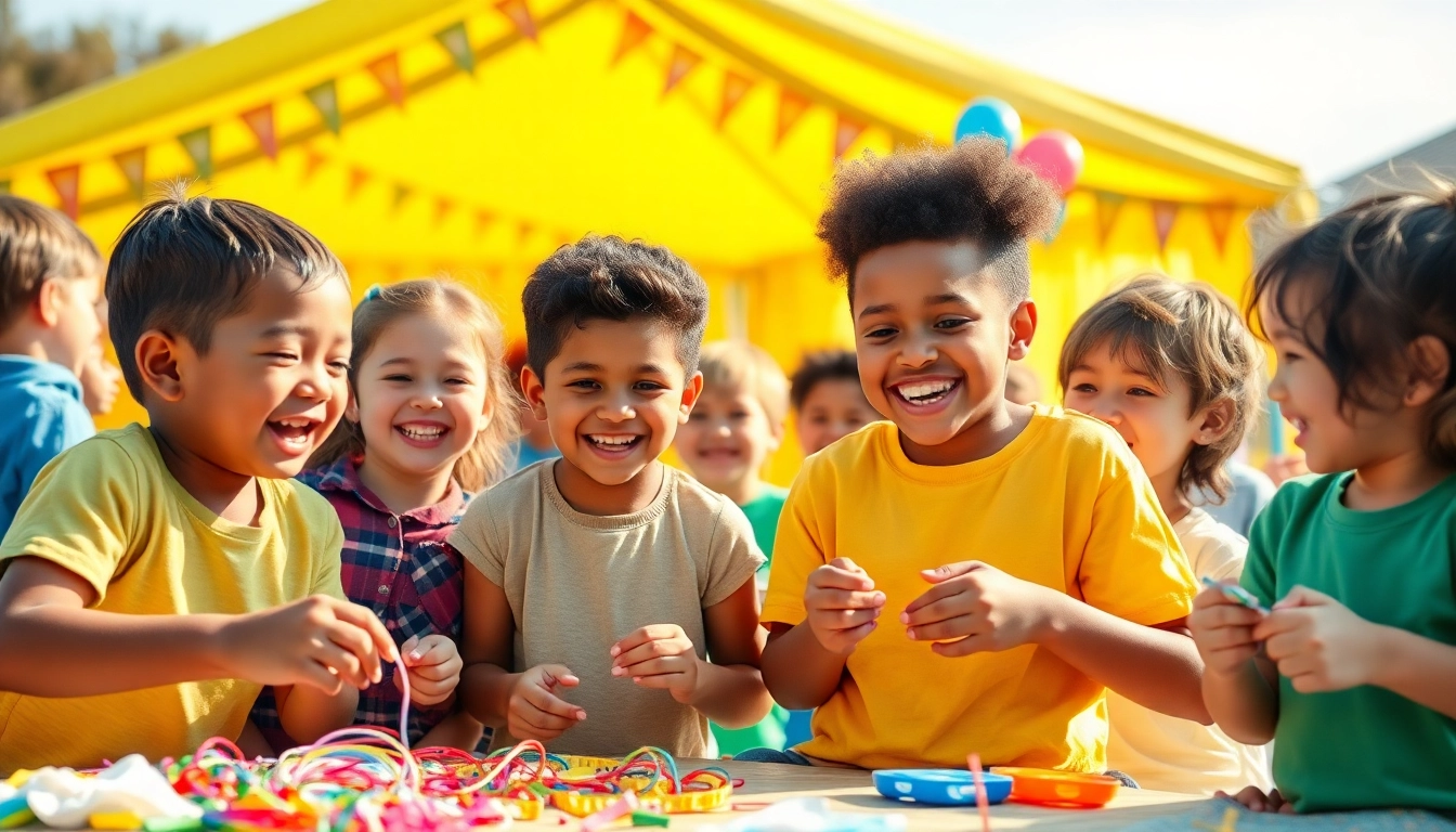 Children at holiday camps engaging in fun activities under a bright sky.