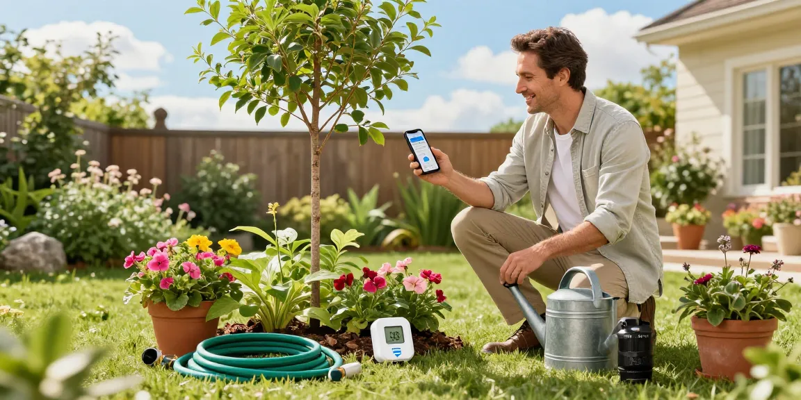 Happy gardener using the rainpoint wifi water timer in a blooming backyard.