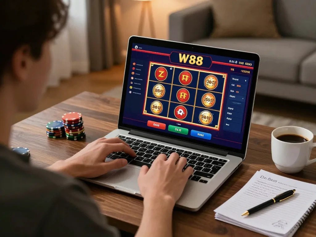 Player engaged in W 88 online gaming on laptop, showing vibrant casino interface, cozy home environment.