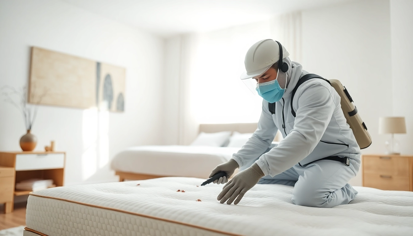 Expert performing bed bug extermination near me in a clean, modern bedroom environment.