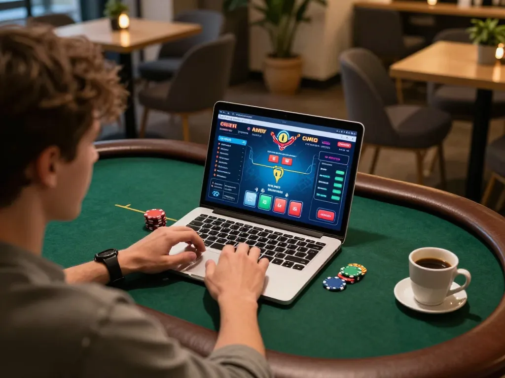Engaged player at a laptop in a coffee shop, illustrating rr88co online poker excitement.