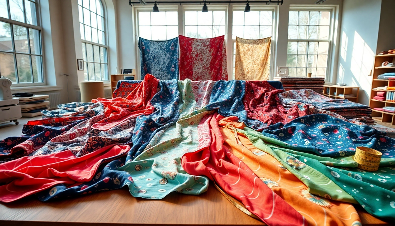 Bekijk het uitgebreid assortiment bedrukte tricot met diverse kleuren en patronen op een houten tafel.