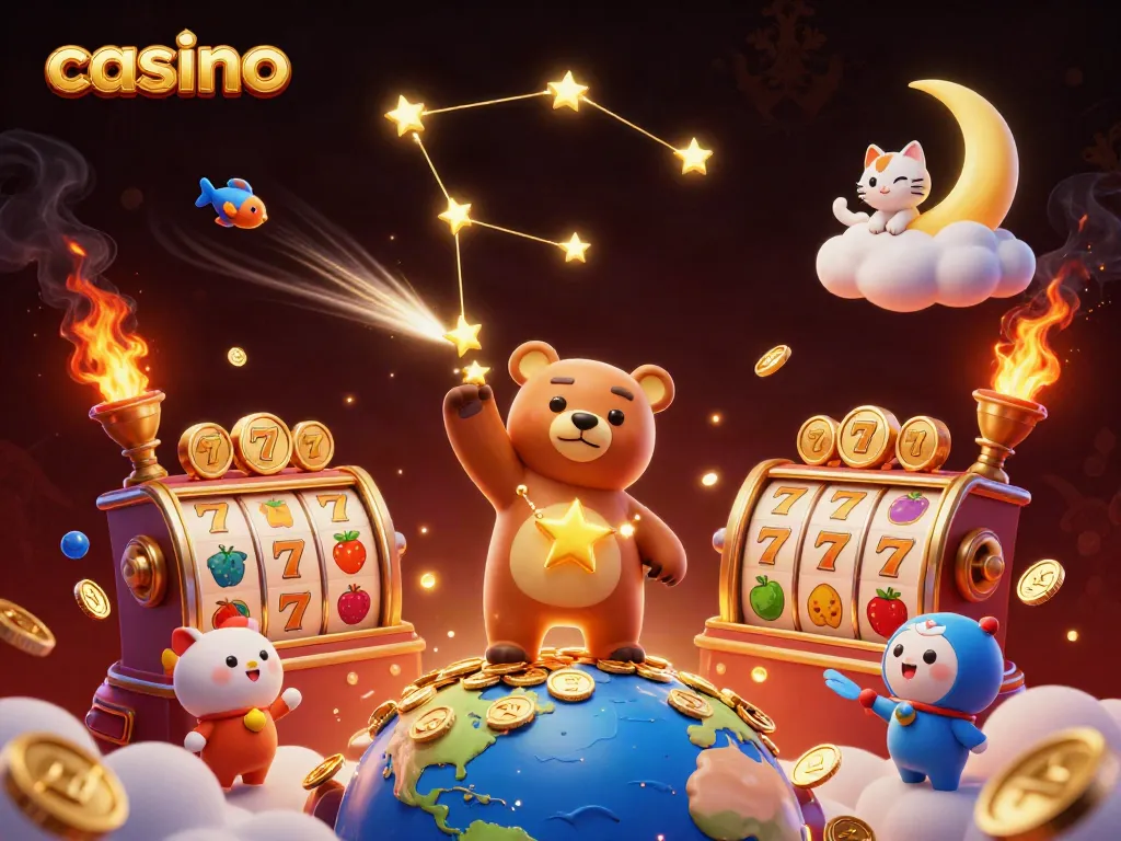 Explore the vibrant casino scene with a constellation bear and jackpot elements.