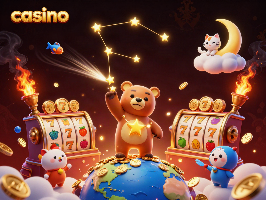 Explore the vibrant casino scene with a constellation bear and jackpot elements.
