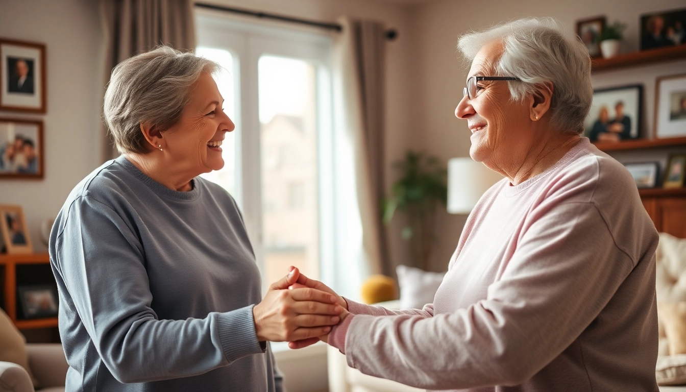 Caregiver providing in home care near me to an elderly individual, creating a comforting environment.