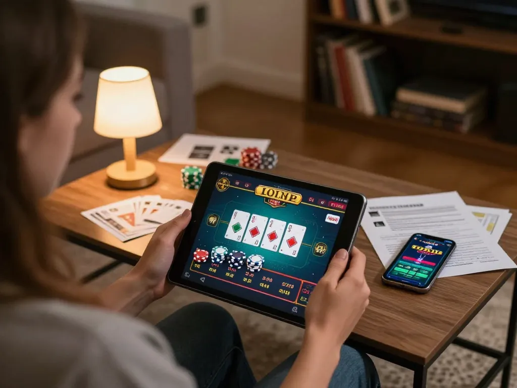 Bermain Situs Judi Online di tablet di rumah, menampilkan antarmuka permainan kasino online yang hidup.