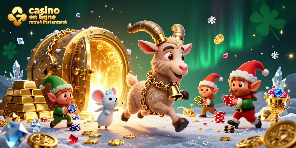 Casino en ligne retrait instantané avec un Krampus ludique et des gremlins dans une scène animée remplie de trésors.