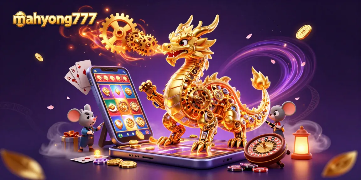 Experience mahyong777 gameplay with a dynamic dragon and engineer amidst slots and poker elements.
