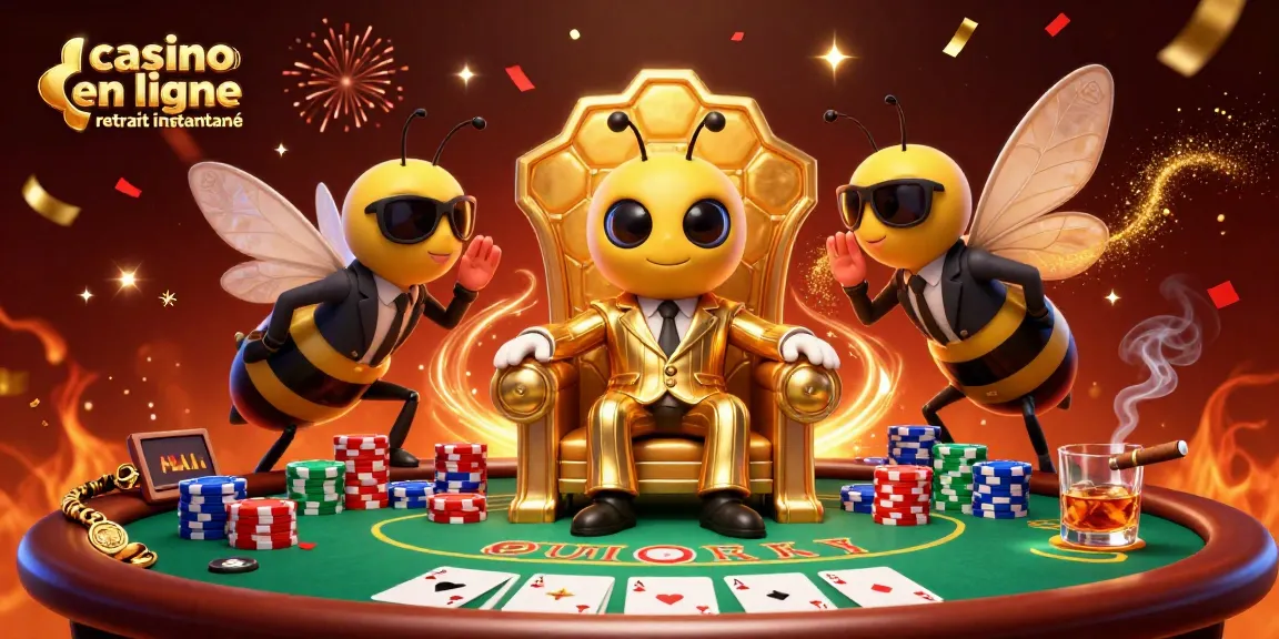 Jouez à casino en ligne retrait instantané avec un bumblebee chef de mob, entouré de gardes et de jeux de poker colorés.